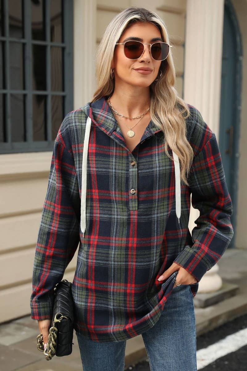 CWTBLL2873_LOOSE-CHECKED HOODED LONG-SLEEVED HOODIE