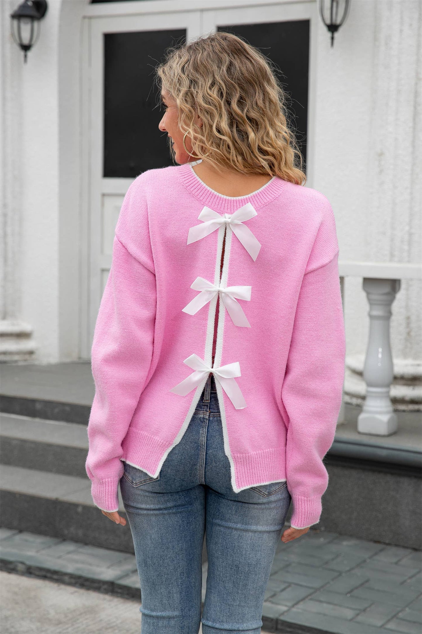 Bowknot is lace-up back sexy back sweater