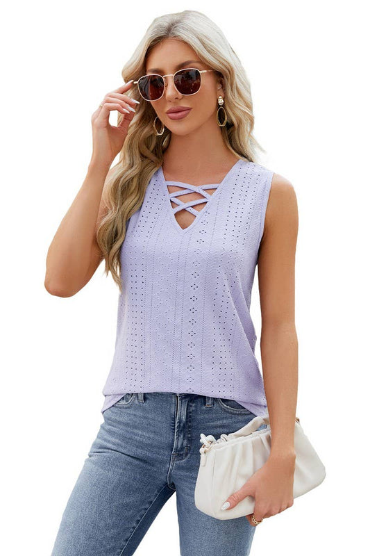 CWTBLSL0098_V-Neck String Detailed Sleeveless Top