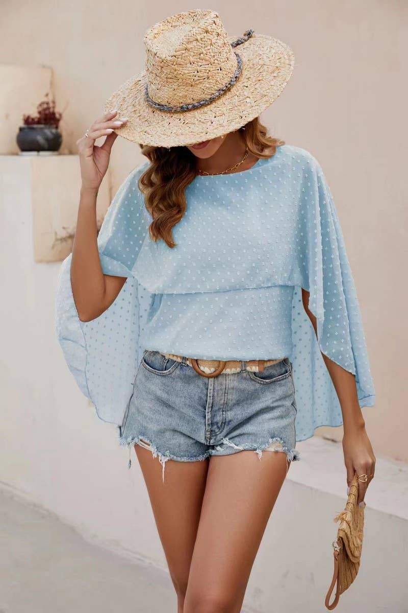 CWTBLS2234_CAPE STYLE LOOSE ROUND NECK CHIFFON BLOUSE