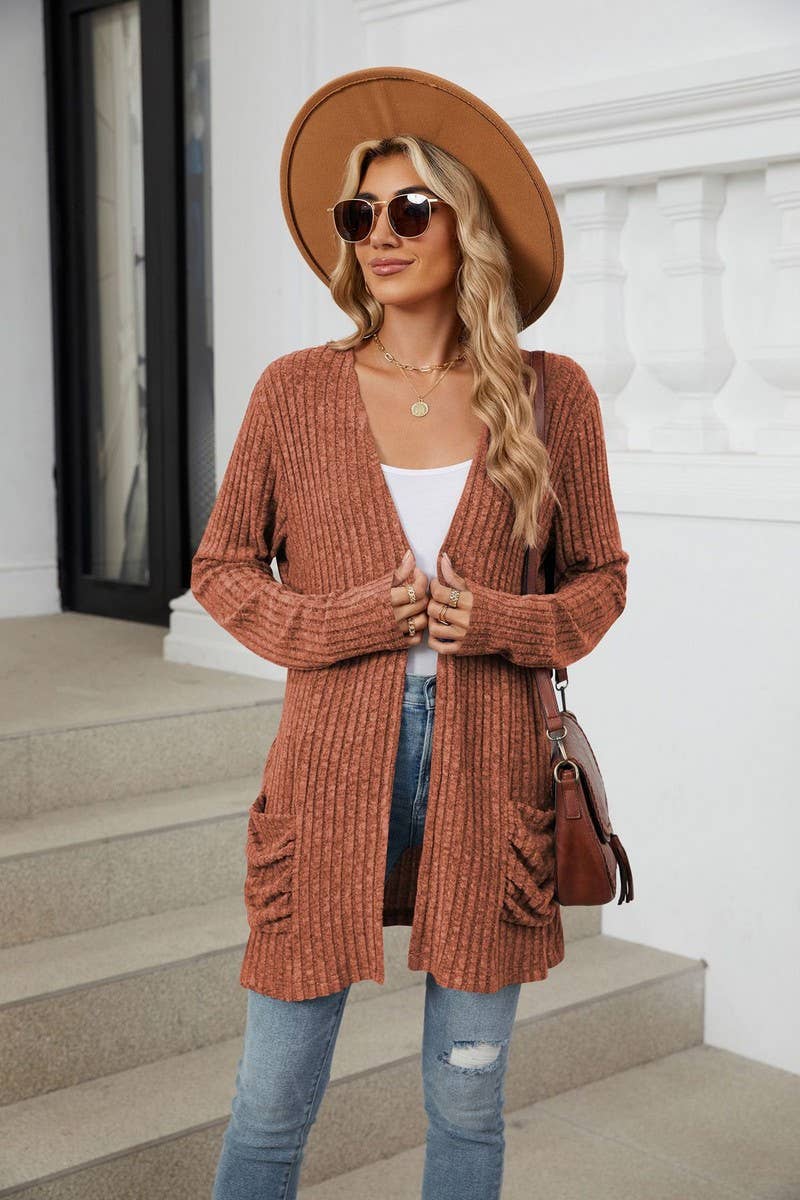 CWOCAL1881_SOLID COLOR POCKET LONG SLEEVE KNIT CARDIGAN