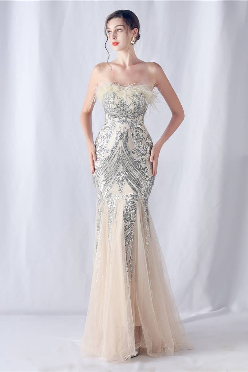 CWDMD3628_FURRY STRAPLESS SEQUIN EVENING DRESS LONG