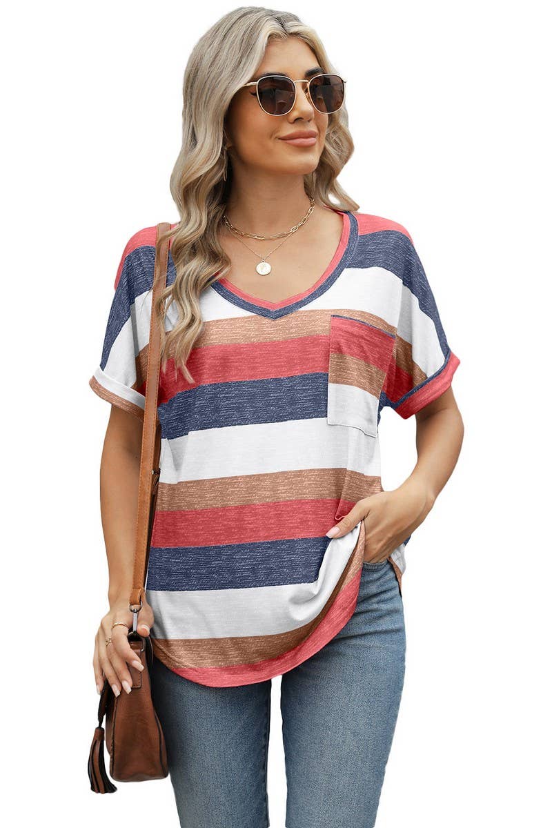 CWTBLS1703_V-NECK PRINTED STRIPED BAT SLEEVE T-SHIRT TOP