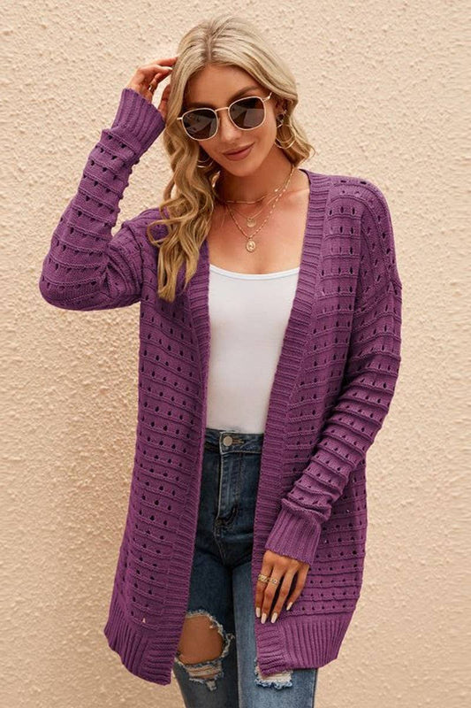 CWOCAL0769_SOLID COLOR HOLLOW LONG KNITTED CARDIGAN
