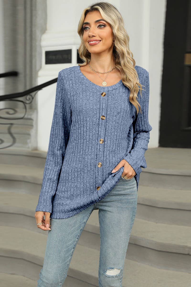 CWOSWL6831_SINGLE-BREASTED ROUND NECK LONG-SLEEVED LOOSE TOP