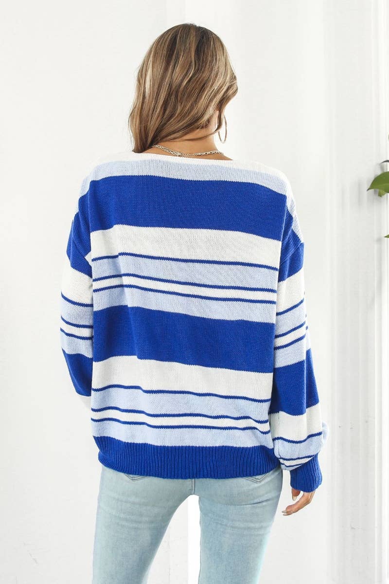CWOSWL6401_LOOSE V-NECK STRIPED LONG-SLEEVED SWEATER