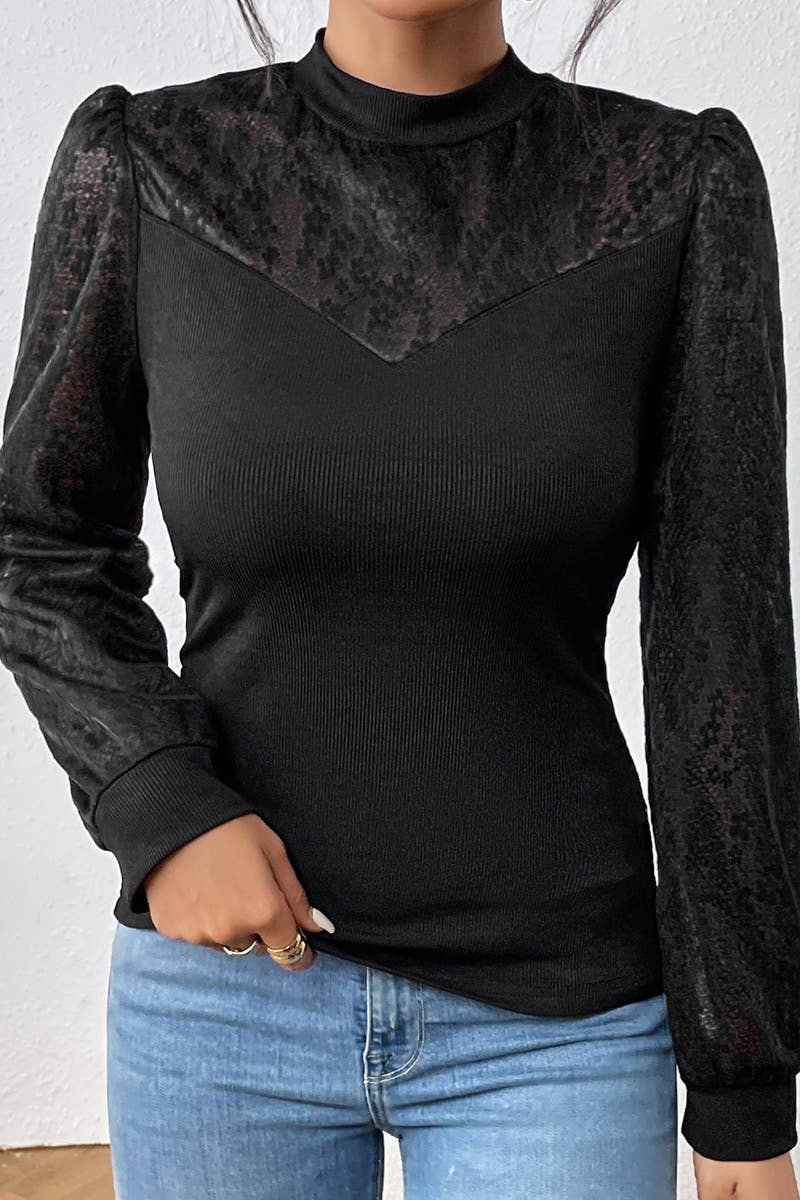 CWTBLL2678_WINTER SEXY LACE PATCHWORK LONG SLEEVE TOP