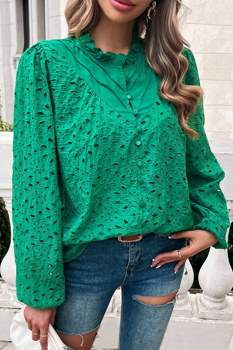 CWTSTL2732_ELEGANT HOLLOW PUFF SLEEVE EMBROIDERED TOP