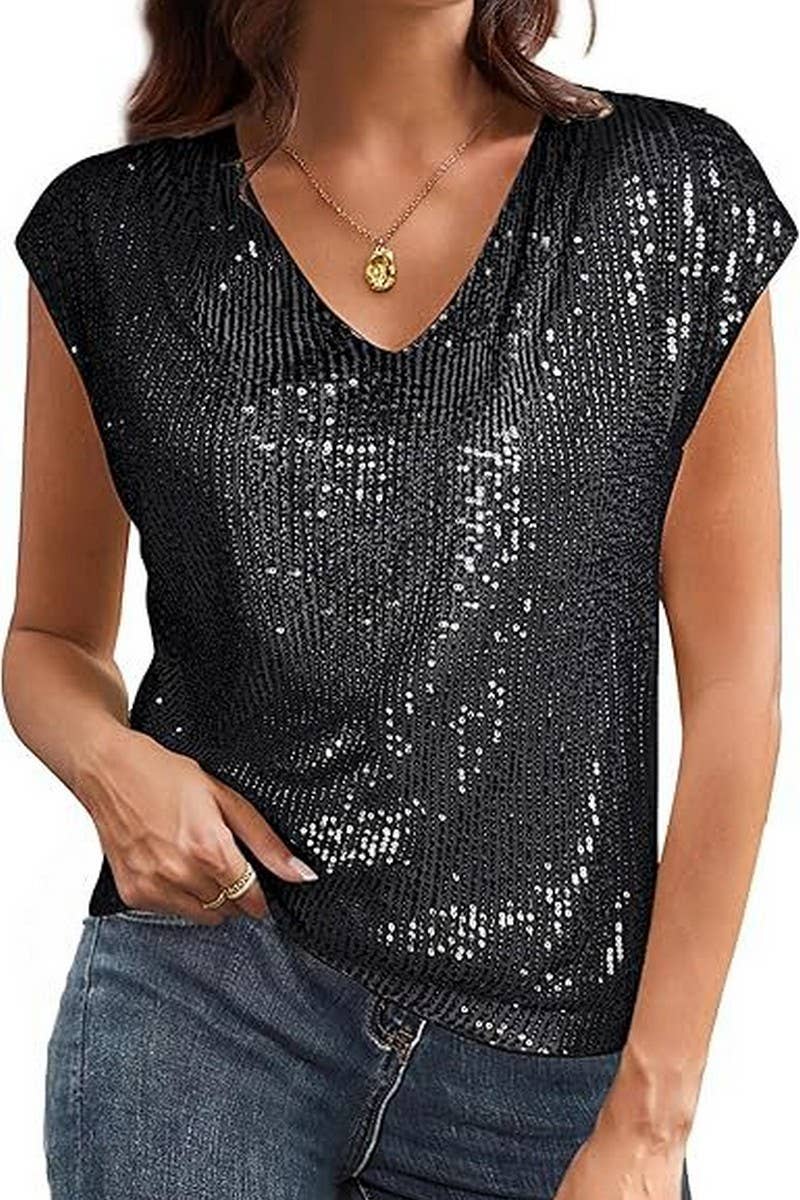 CWTTS1387_RAGLAN SLEEVE SEQUINED SLIM V-NECK SOLID COLOR TOP
