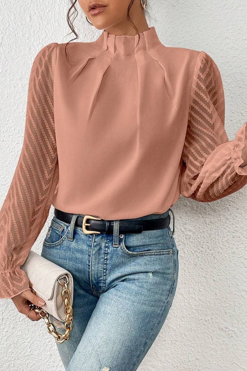 CWTBLS1823_SPRING AND AUTUMN HALF TURTLENECK CHIFFON TOP