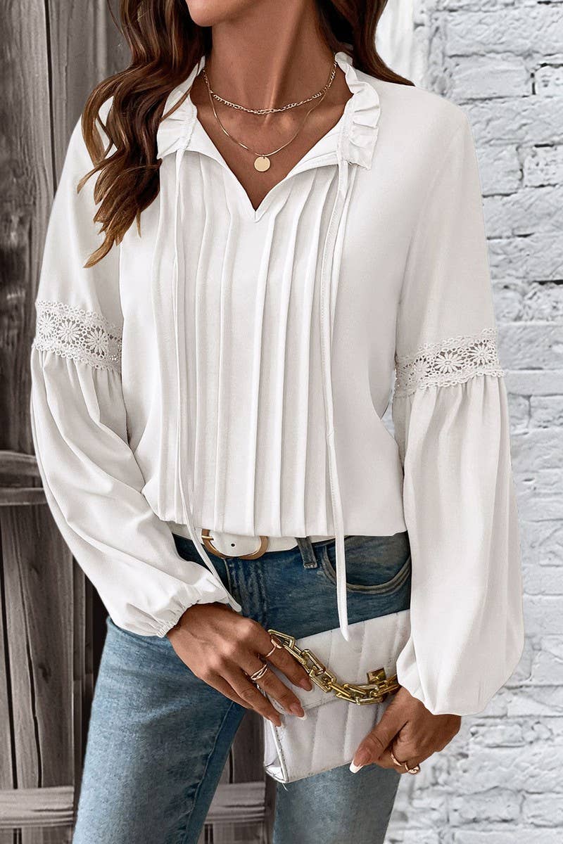 CWTBLL00727_LACE V NECK LONG SLEEVE SOLID PLEATED BLOUSE