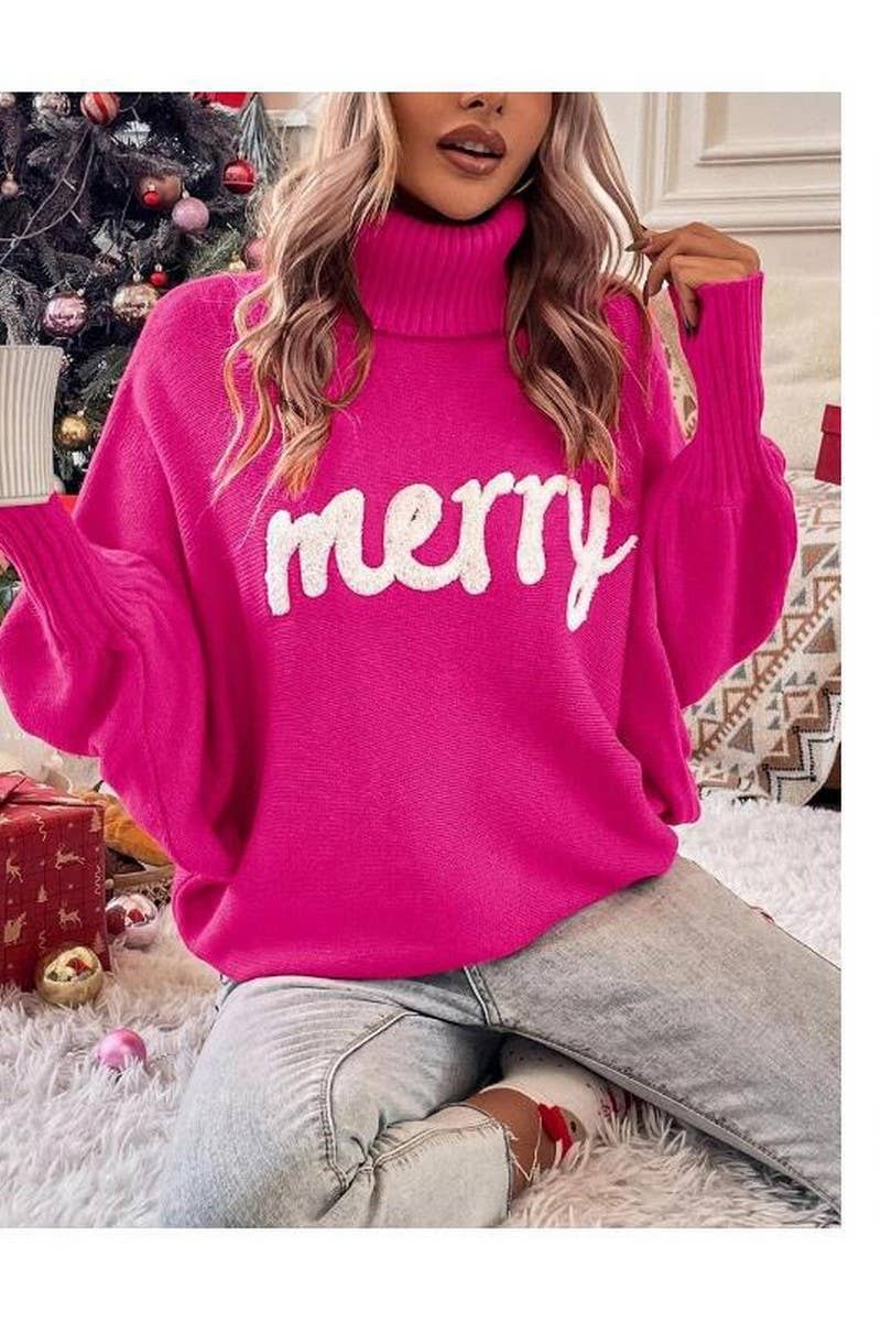 CWOSWL6261_EMBROIDERED BAT SLEEVE CHRISTMAS SWEATER