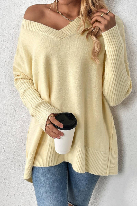 CWOCAL0805_V-NECK LOOSE STITCHING LONG-SLEEVED SWEATER