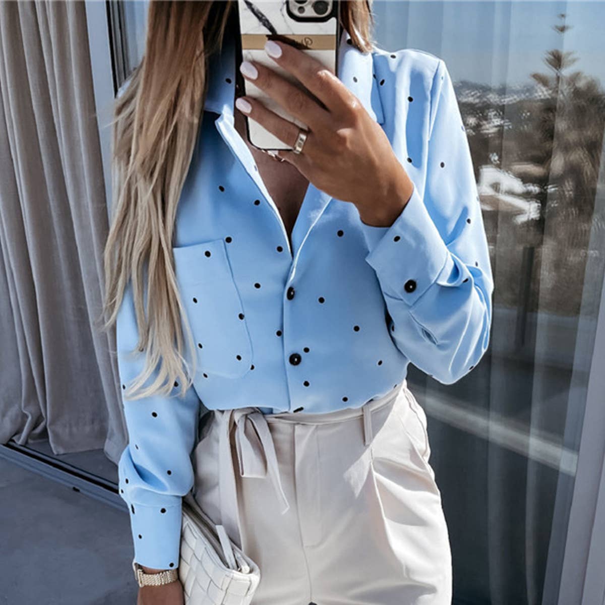 BUTTON-DOWN POLKA-DOT LONG-SLEEVED POCKET SHIRT