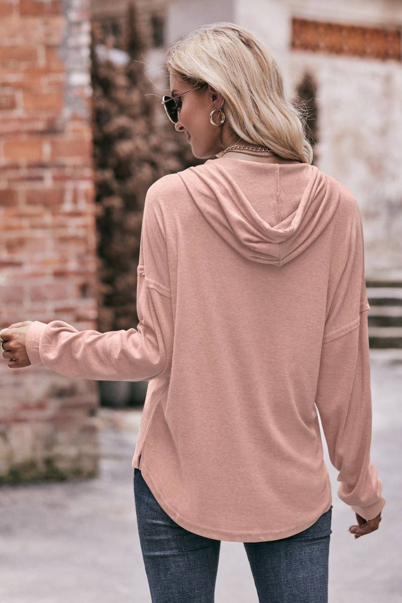 CWTBLL2714_V-NECK BUTTON-UP LONG-SLEEVED HOODED TOP