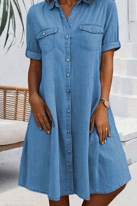 CWDSD8673_SOLID COLOR CASUAL DENIM A-LINE DRESS