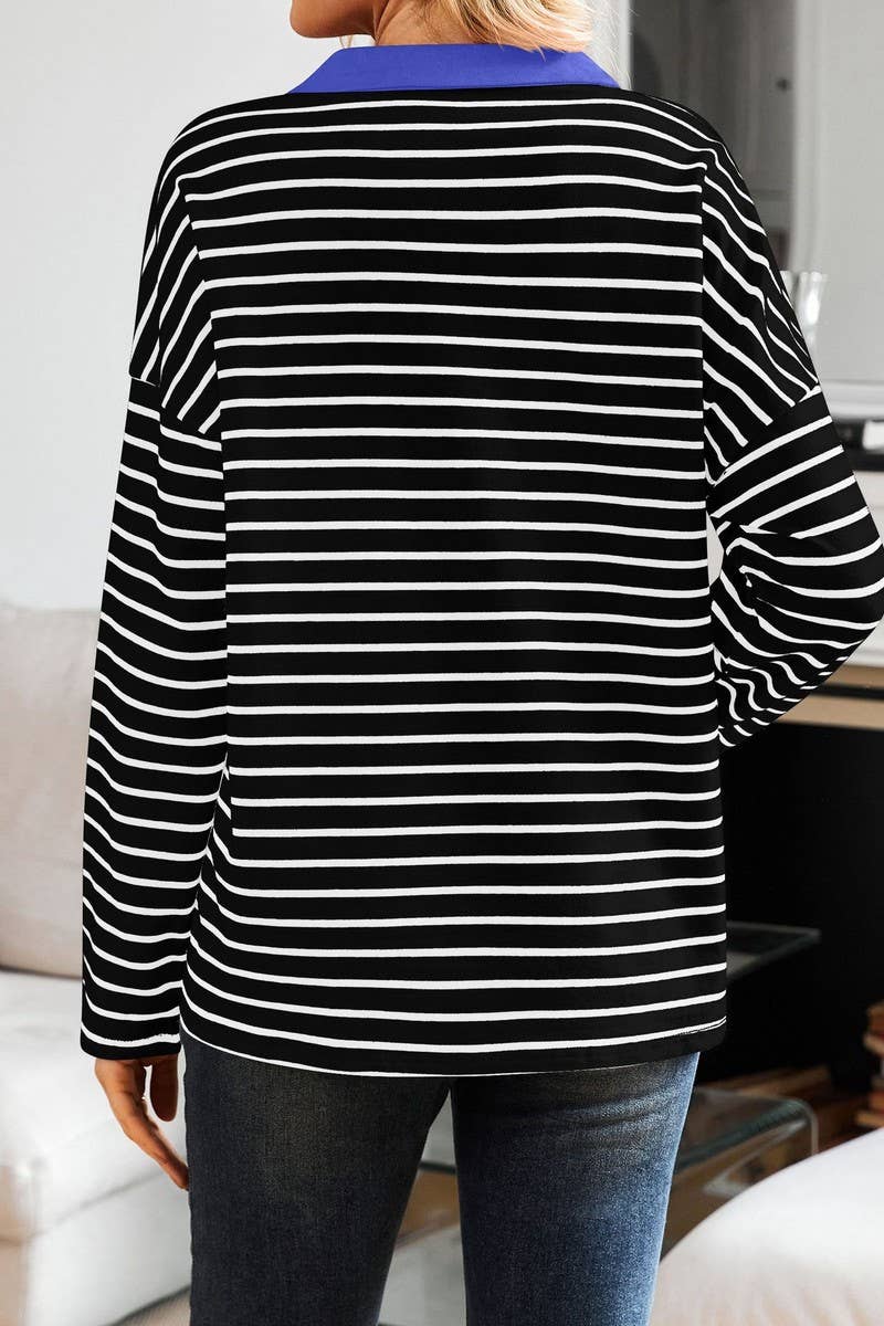 CWTBLL3674_STRIPED V-NECK LOOSE LAPEL SWEATSHIRT TOP