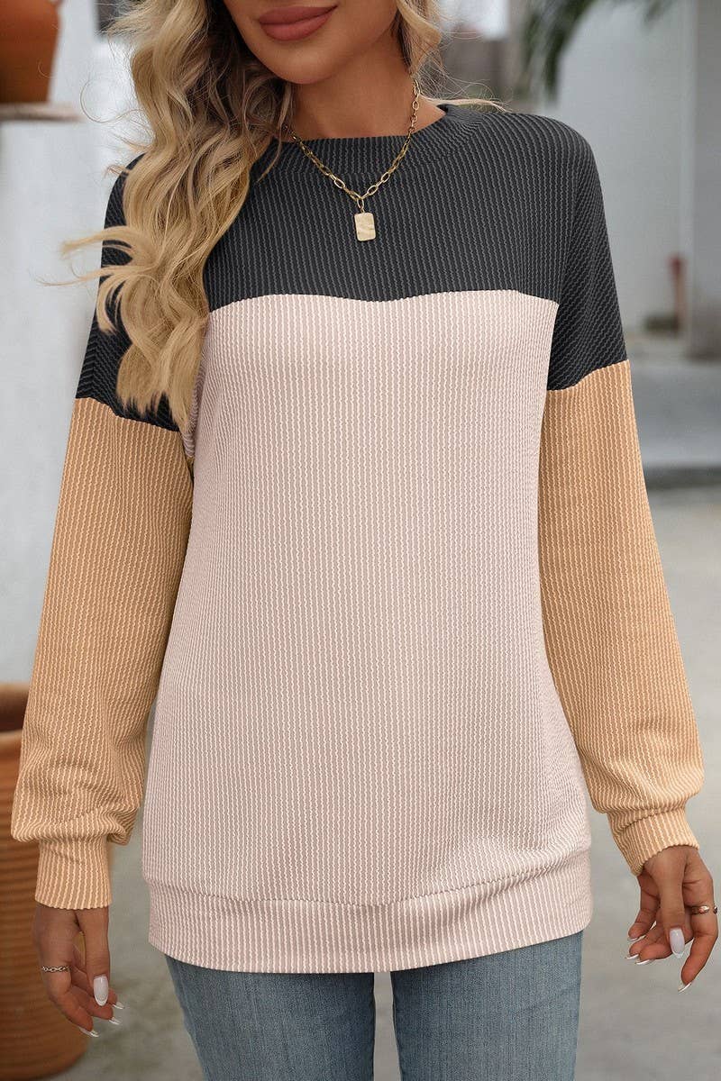 CWTBLL1490_ROUND NECK TWIST COLOR BLOCK LONG SLEEVE T-SHIRT