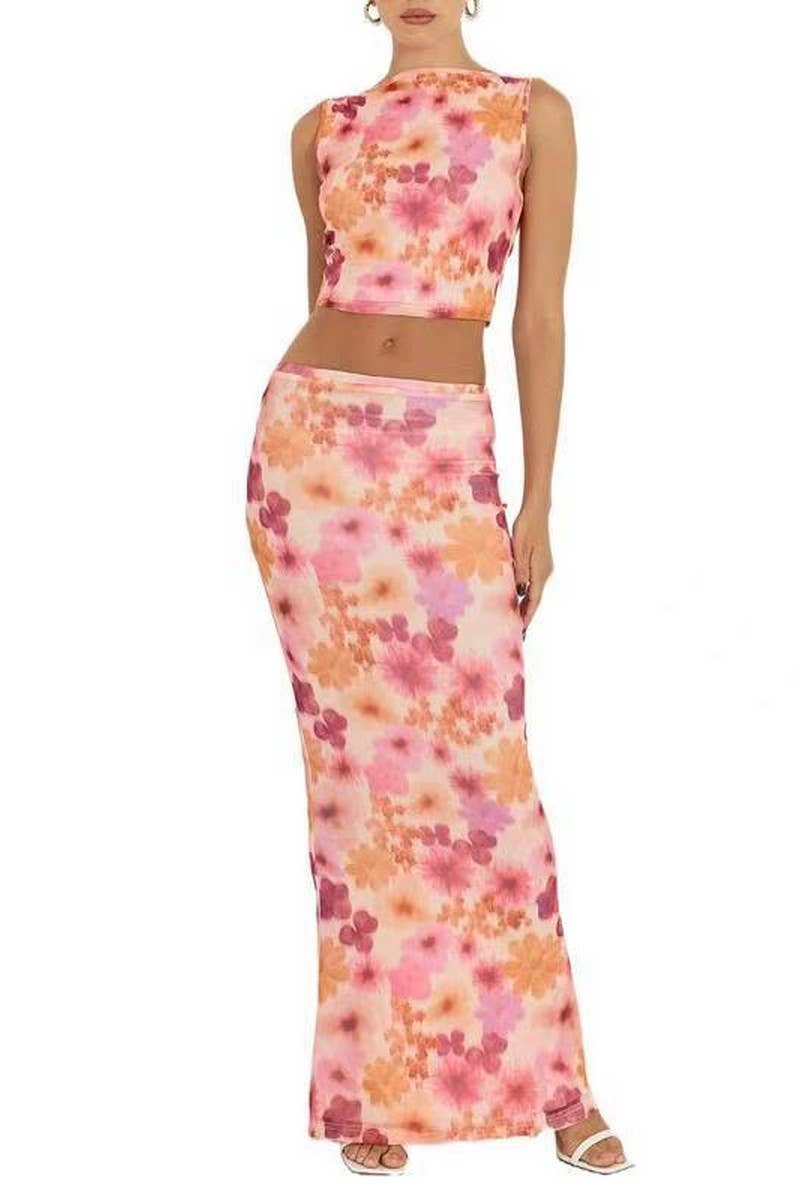 CWSTB1951_SLEEVELESS MESH FLORAL PRINT SKIRT SET