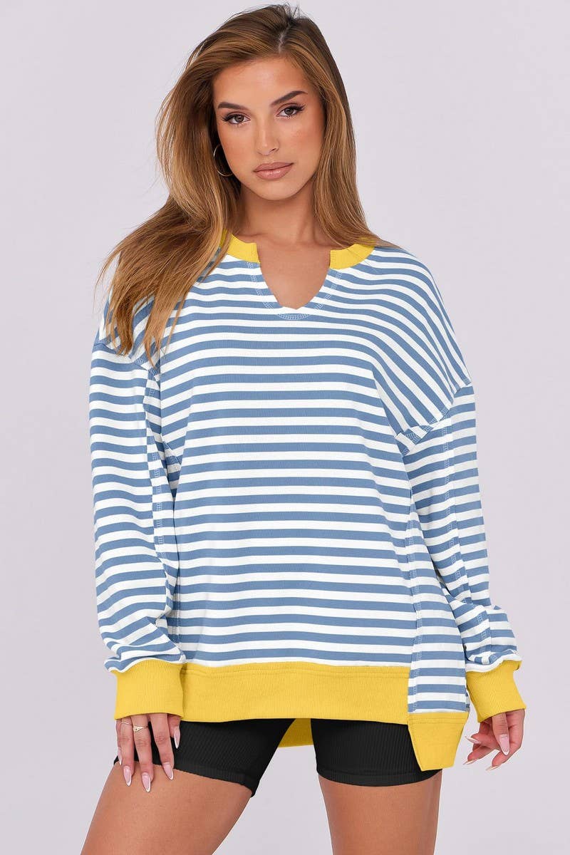CWTBLL00830_COLORFUL STRIPE V NECK LOOSE SWEATSHIRT