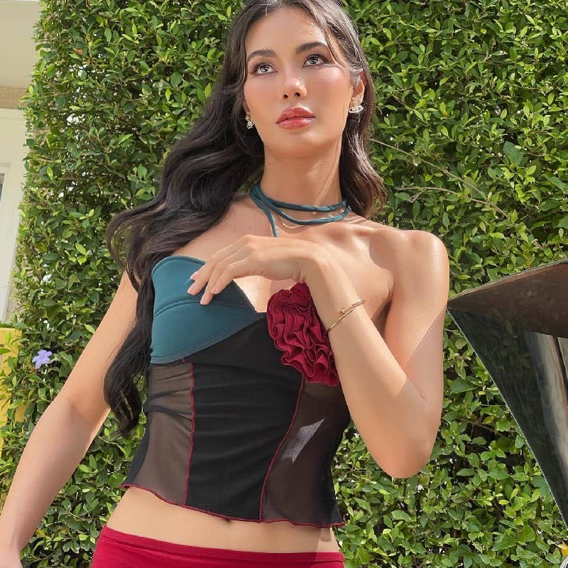 Colorblock floral 3D detail strapless top
