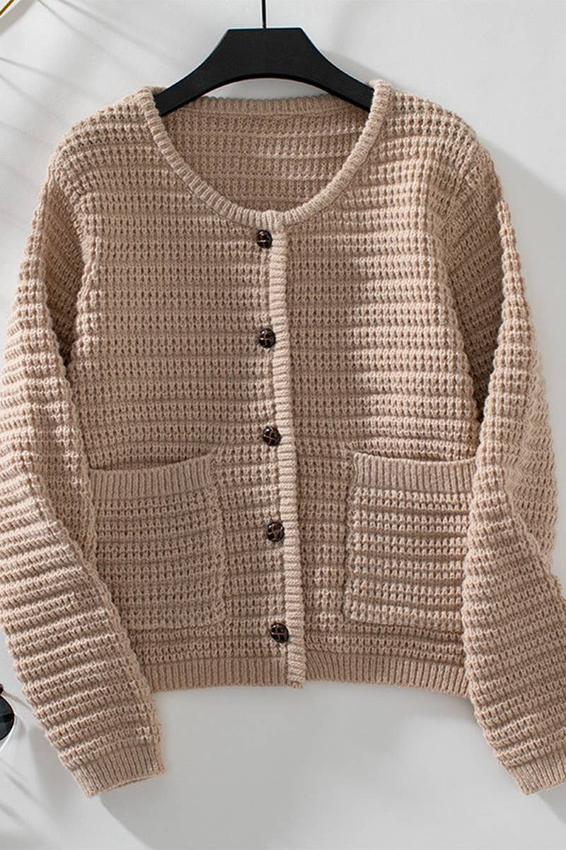 CWOCAL0865_SINGLE BREASTED ROUND NECK KNITTED CARDIGAN