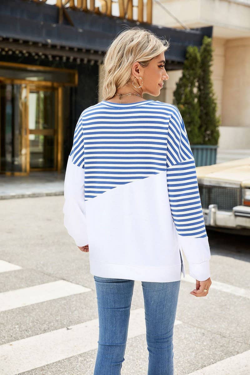 CWTBLL2368_ROUND NECK SLIT CONTRAST STRIPE SWEATSHIRT