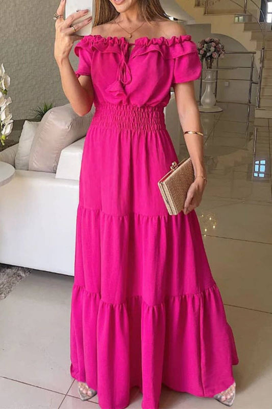 CWDMD1904_V-NECK, SHORT-SLEEVED BOHEMIAN DRESS WITH WAIST