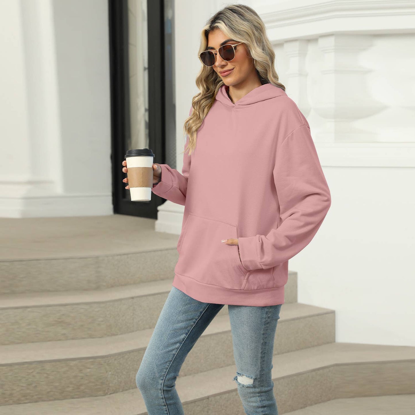 CASUAL HOODED POCKET HOODIE SOLID COLOR TOP