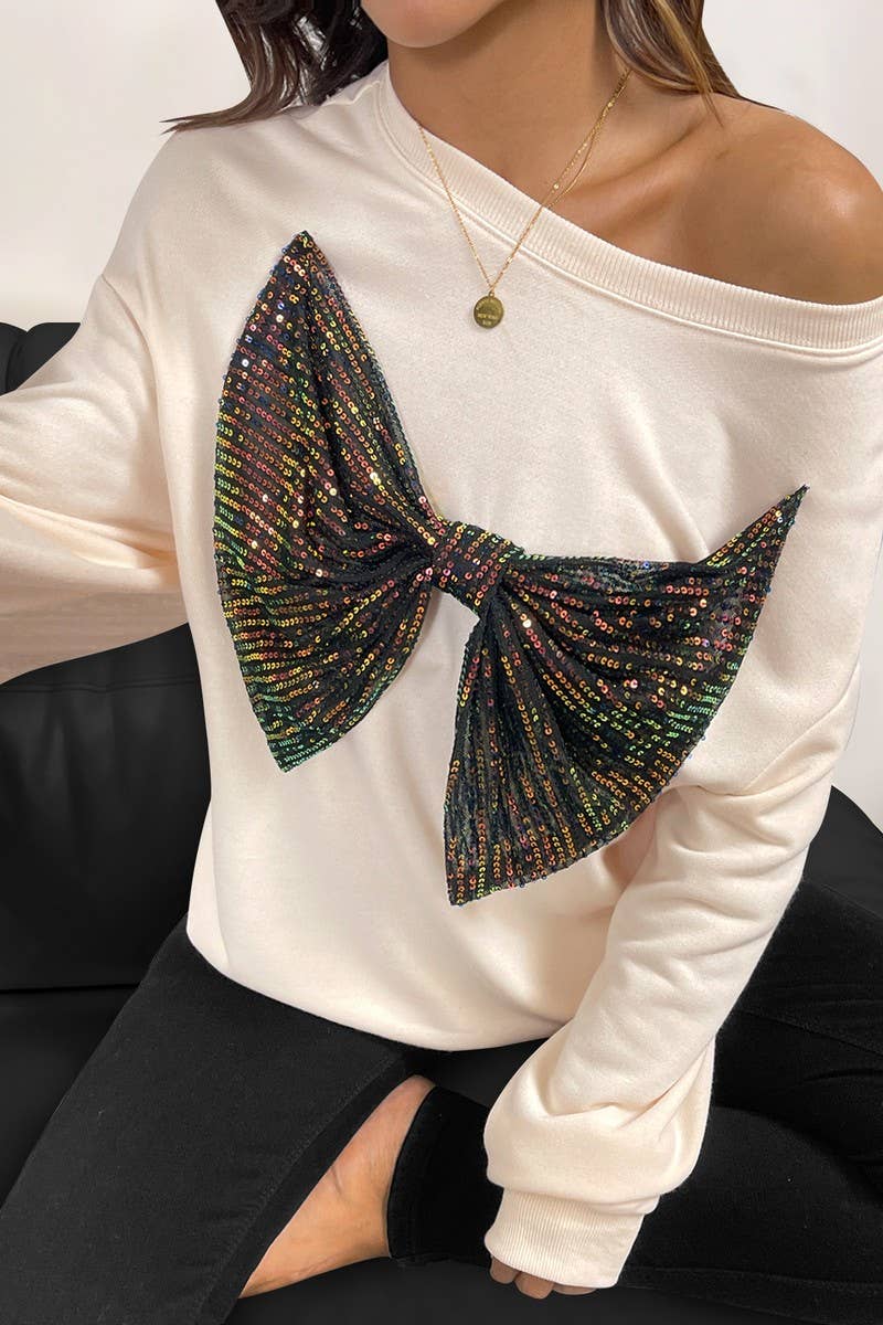 CWTBLL00770_SEQUIN BOW DETAIL CREWNECK PULLOVER SWEATSHIRT