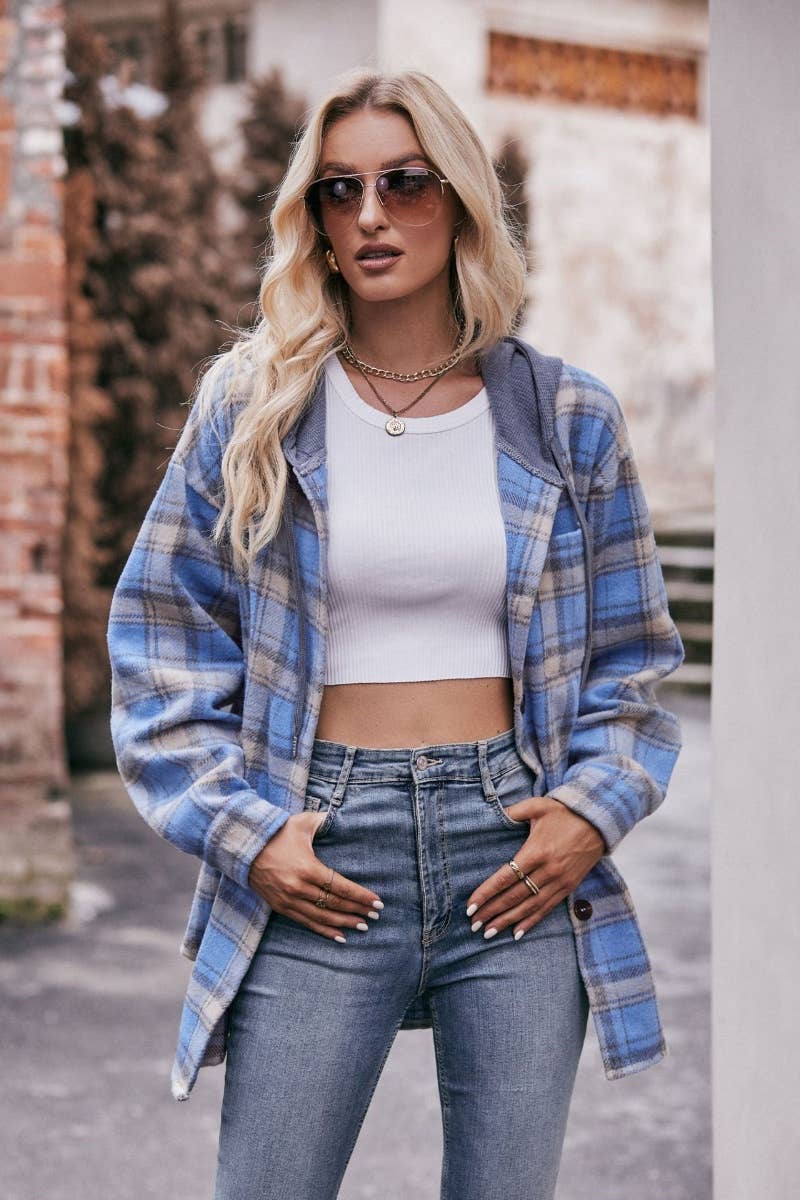 CWTSTL2181_FLANNEL PLAID HOODED LONG-SLEEVED SHIRT JACKET