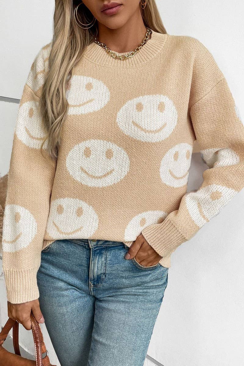 CWOSWL2874_SMILEY FACE LOOSE-FIT KNIT SWEATER