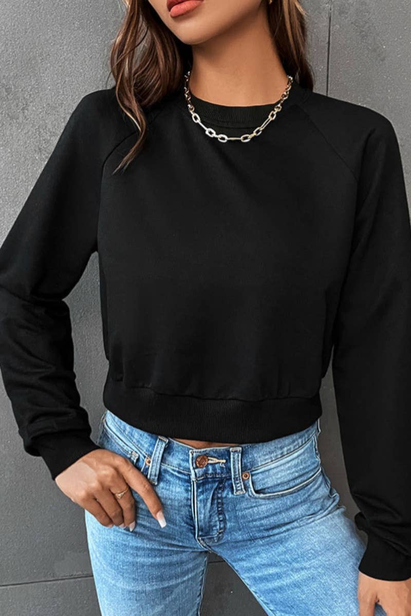 CWTBLL2885_CASUAL SPORTS CREW-NECK LONG-SLEEVED CROP HOODIE