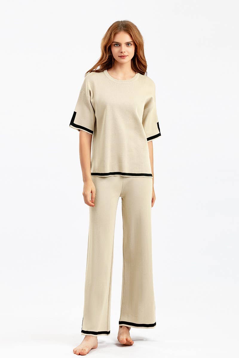 CWSTB00422_COLORBLOCK KNIT TOP & HIGH WAIST WIDE LEG SET