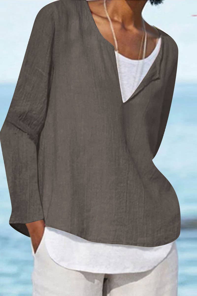 CWTTL01005_V-NECK SOLID COLOR LONG-SLEEVED WOMEN'S SHIRT