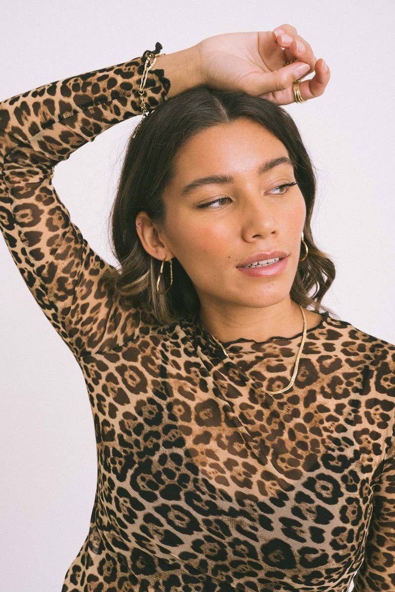 CWTBLL3948_SEXY LEOPARD MESH PRINT SLIM FIT TEE TOP