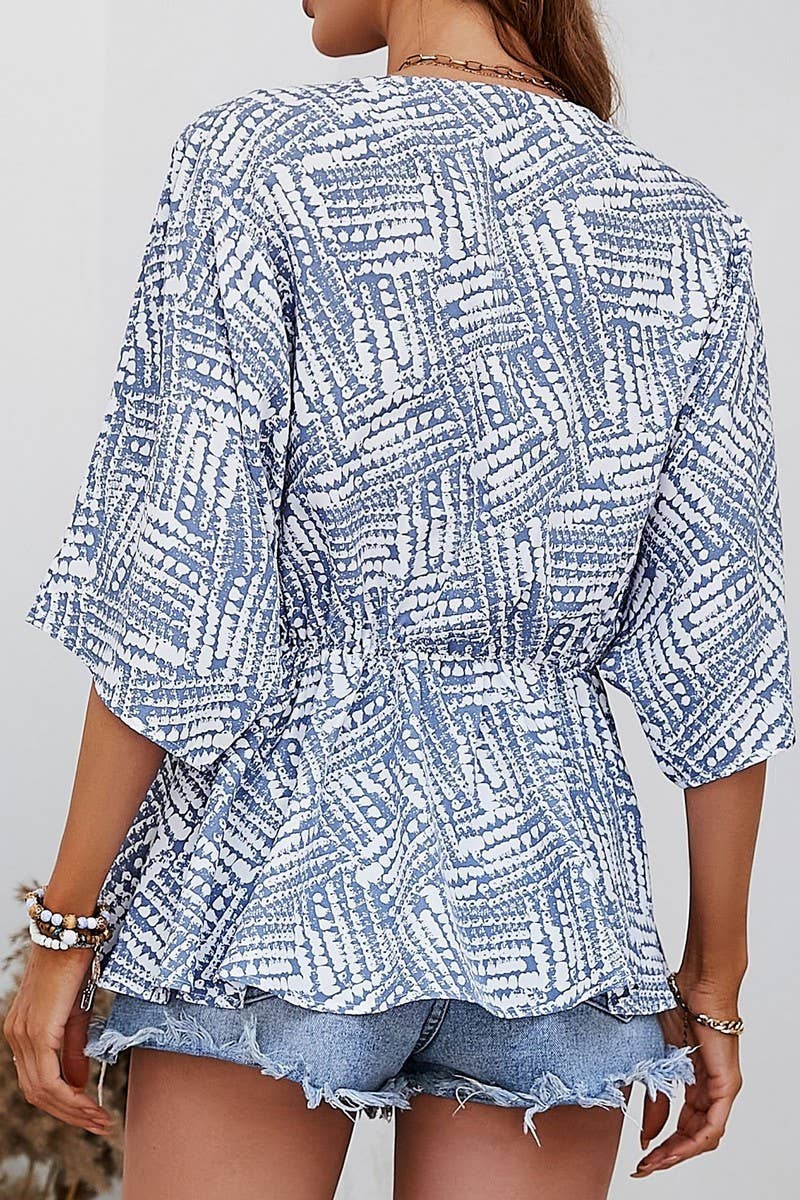 CWTBLS0354_V Neck Print Short Sleeve Blouse