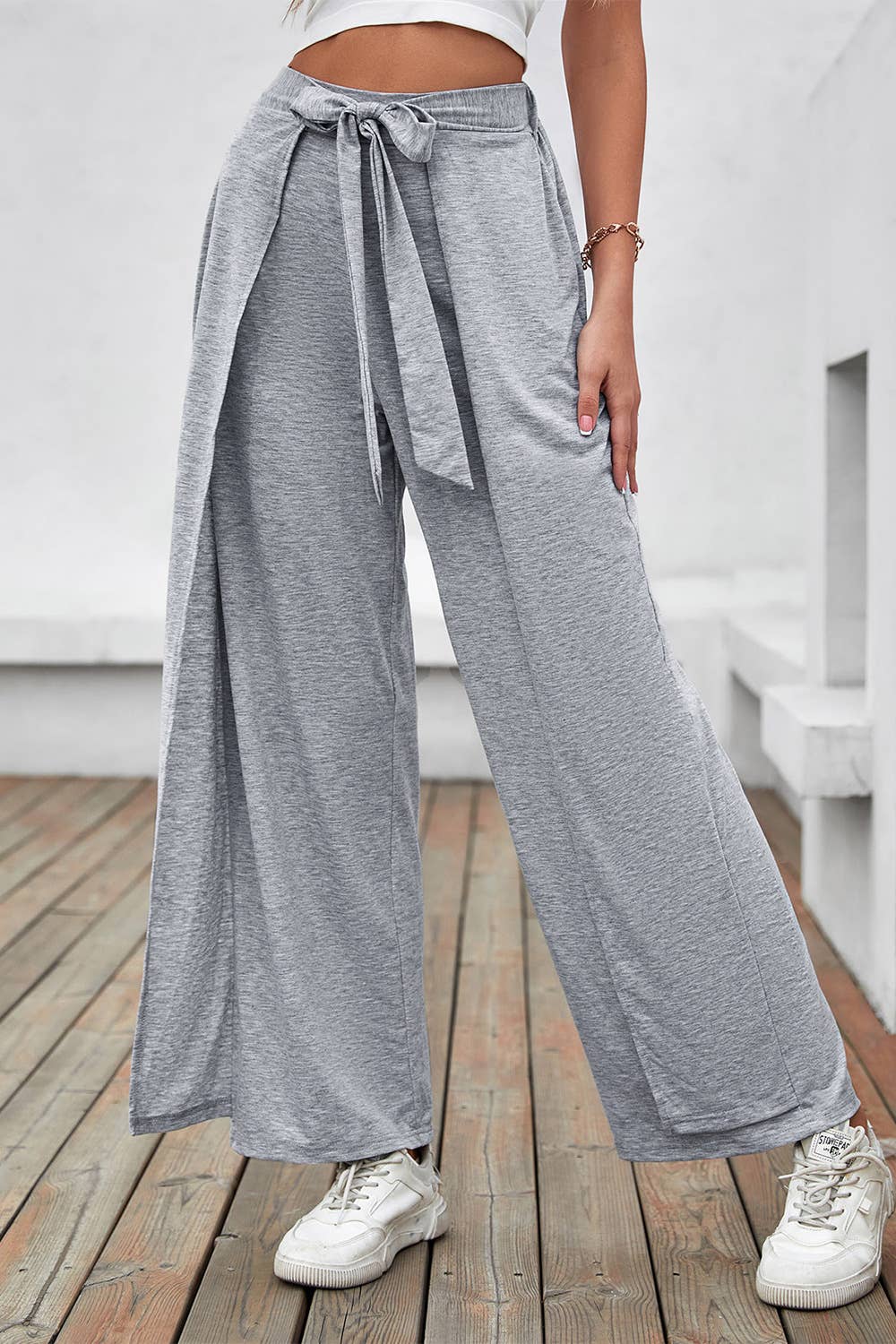 Classic solid-color cotton-like lace-up trousers