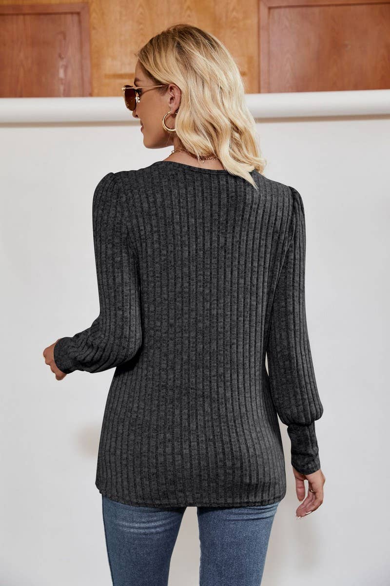 CWTBLL4014_RIBBED SQUARE NECK PUFF SLEEVE SPLIT HEM TOP