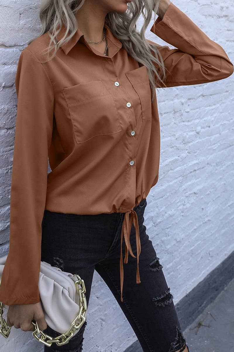 CWTSTL00958_LAPEL DRAWSTRING LONG SLEEVE SOLID SHIRT