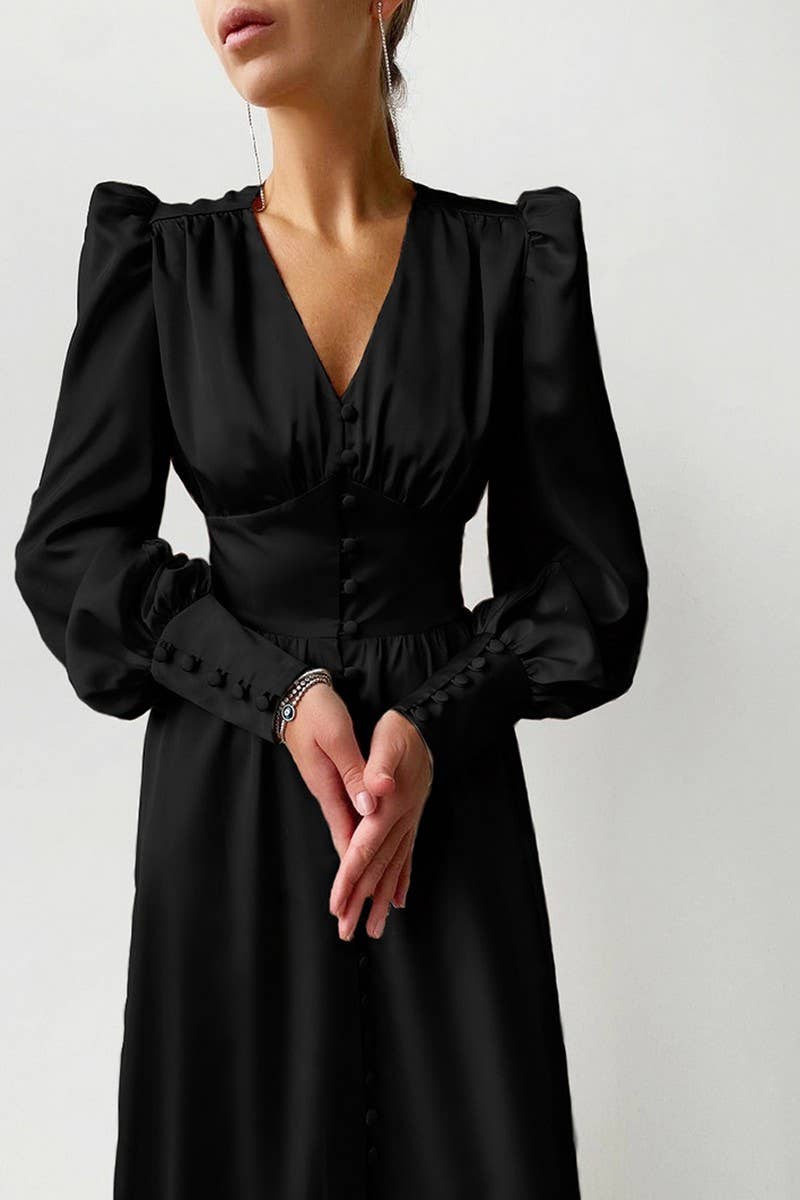 CWDMD4255_V-NECK SATIN PALACE RETRO LONG SLEEVE DRESS