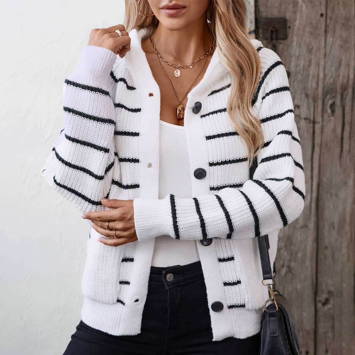 CASUAL ALL-IN-ONE HOODED STRIPED CARDIGAN