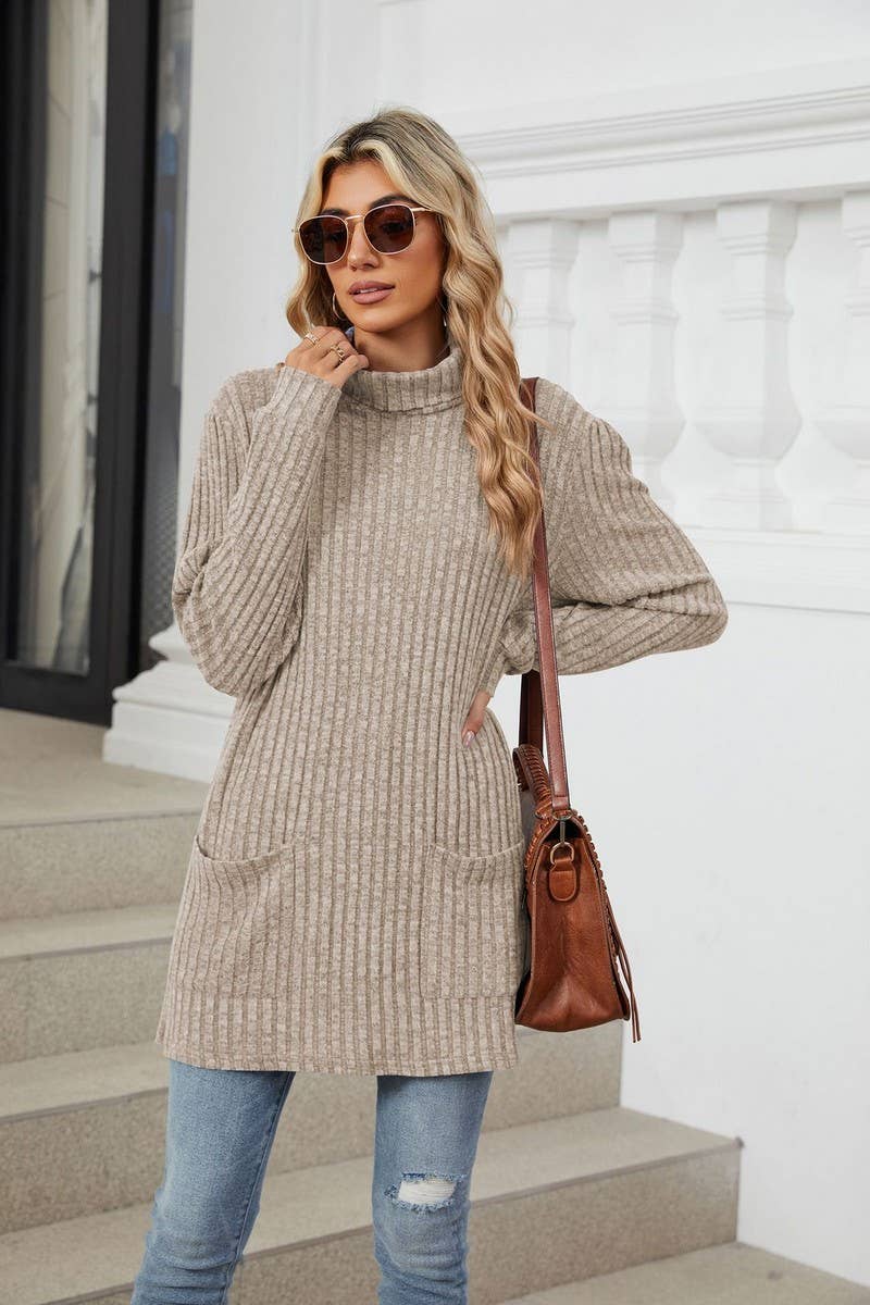 CWTBLL1856_HIGH NECK BRUSHED SOLID LONG SLEEVE POCKET TOP