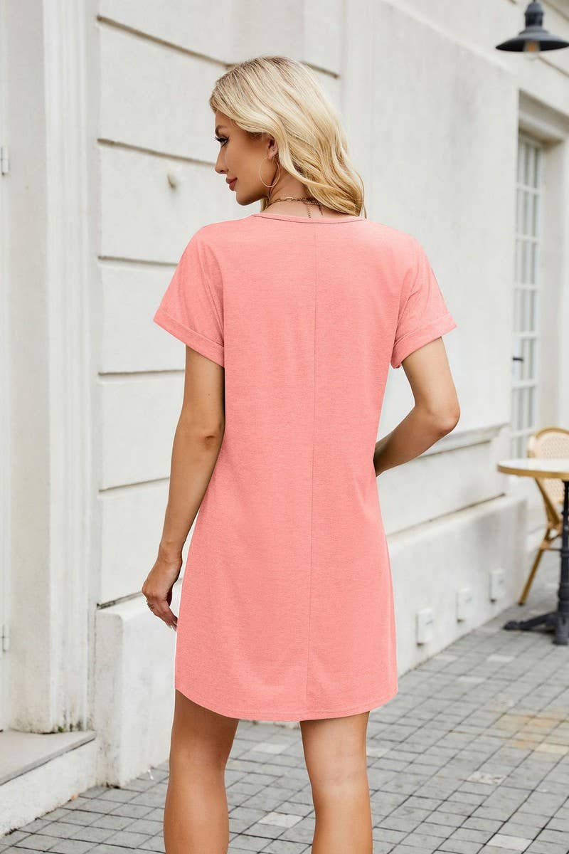 CWDSD8715_V-NECK COLORBLOCK SHORT SLEEVE CASUAL DRESS