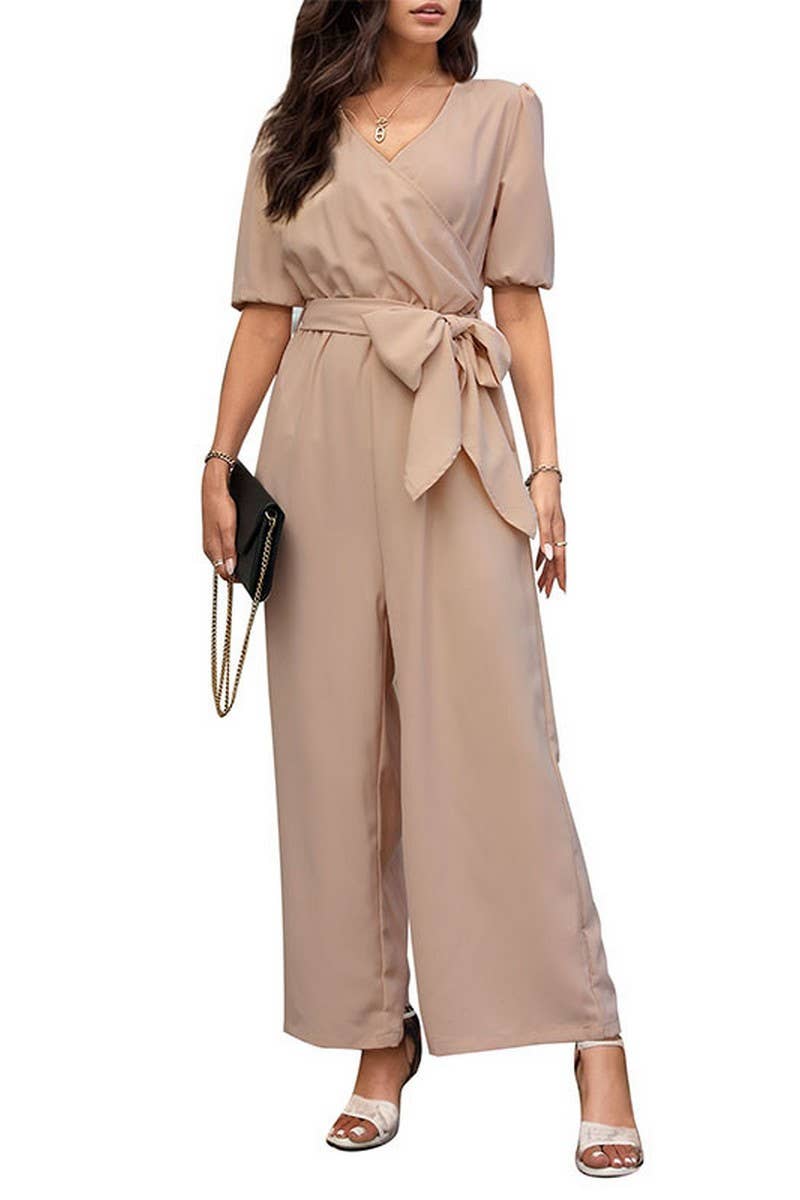 CWSJS0874_SOLID COLOR V-NECK TIE WIDE-LEG JUMPSUIT