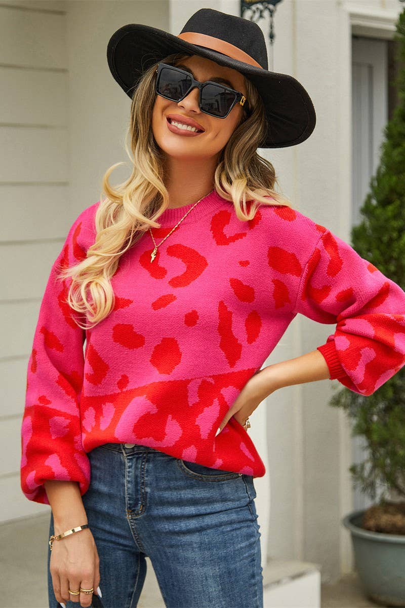 CWOSWL3166_VALENTINE'S DAY LEOPARD PRINT  KNIT SWEATER