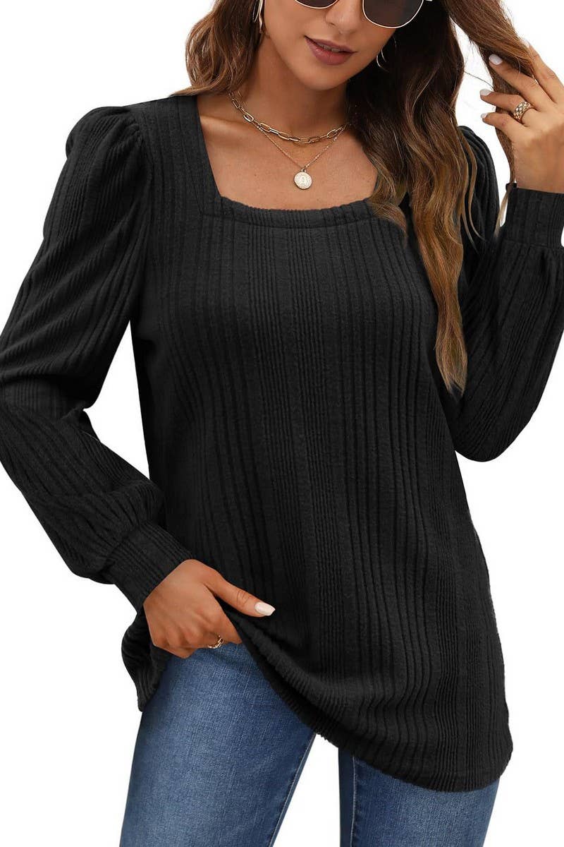 CWTBLL3198_SQUARE NECK BRUSHED LANTERN SLEEVE TOP