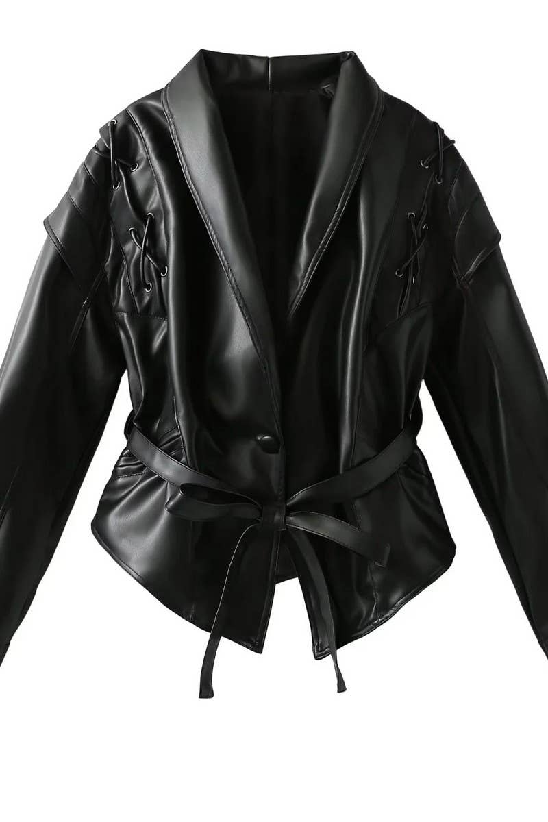 CWOCO1063_VINTAGE CASUAL LACE-UP FAUX LEATHER JACKET