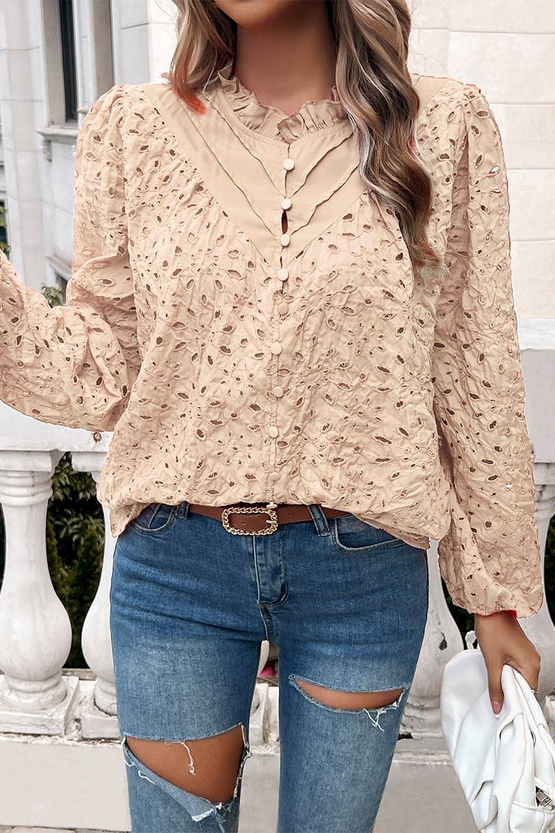 CWTSTL2732_ELEGANT HOLLOW PUFF SLEEVE EMBROIDERED TOP