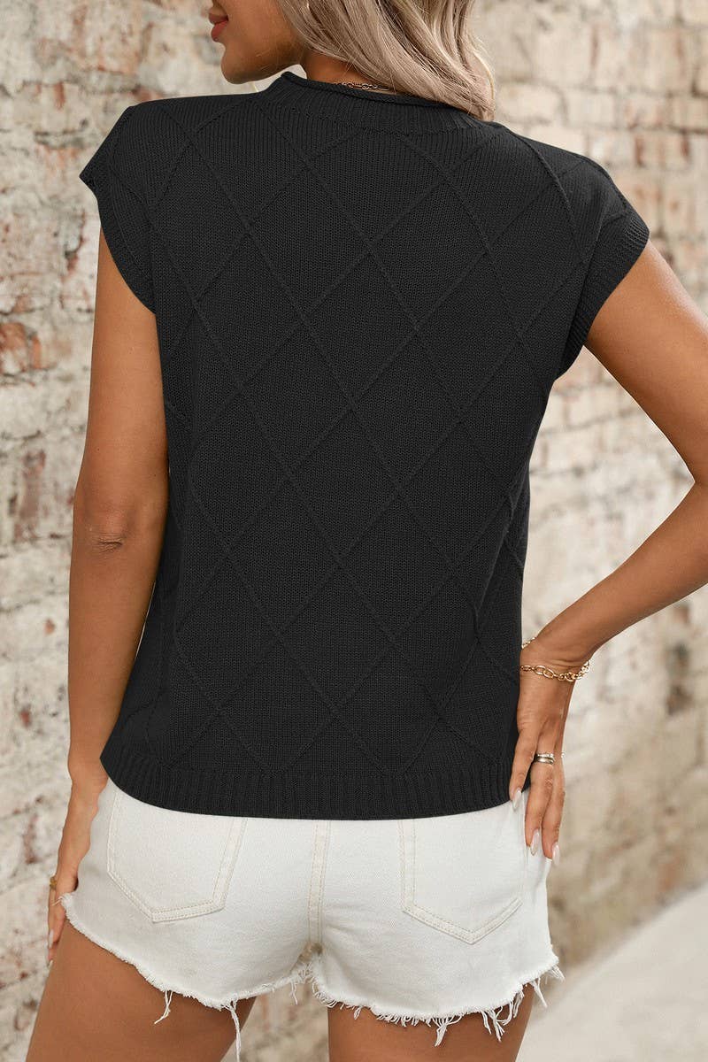 CWTTS1370_ROUND NECK DIAMOND CHECK KNITTED SHORT SLEEVES